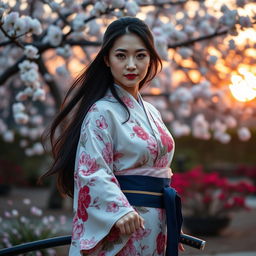An elegant Japanese woman wearing a traditional kimono with intricate floral patterns, standing confidently while holding a katana