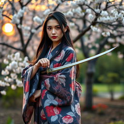 An elegant Japanese woman wearing a traditional kimono with intricate floral patterns, standing confidently while holding a katana