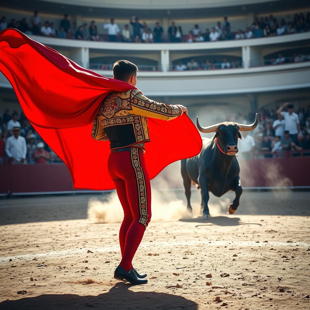 A dynamic scene of a matador in traditional attire performing in a bullring, showcasing a vibrant red cape swirling gracefully in the air