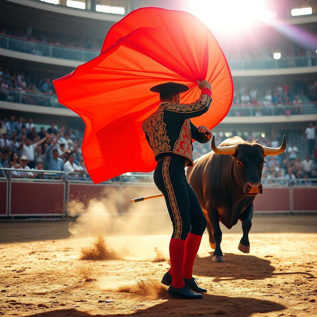 A dynamic scene of a matador in traditional attire performing in a bullring, showcasing a vibrant red cape swirling gracefully in the air