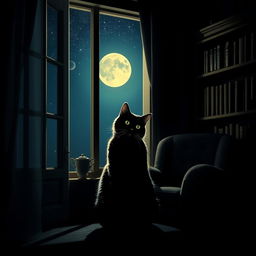 A cozy dark room featuring a curious cat seated gracefully by a softly illuminated window