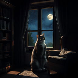 A cozy dark room featuring a curious cat seated gracefully by a softly illuminated window