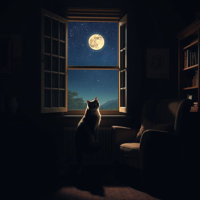 A cozy dark room featuring a curious cat seated gracefully by a softly illuminated window