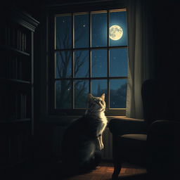 A cozy dark room featuring a curious cat seated gracefully by a softly illuminated window