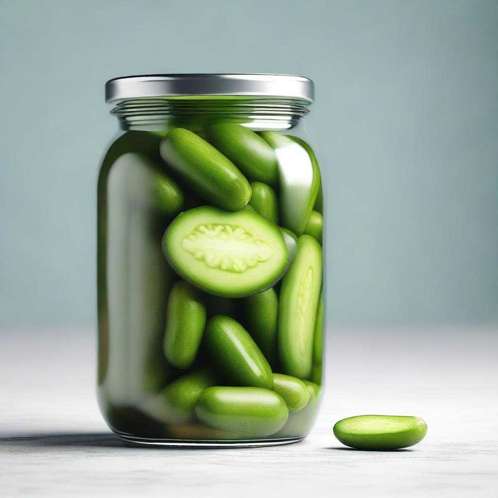 A high-quality, photo-realistic 3D render of a pickle jar