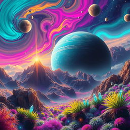 A vibrant and colorful planetary scene showcasing a distant, alien world with swirling clouds of vibrant hues such as turquoise, magenta, and gold