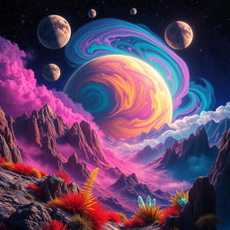 A vibrant and colorful planetary scene showcasing a distant, alien world with swirling clouds of vibrant hues such as turquoise, magenta, and gold