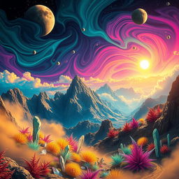 A vibrant and colorful planetary scene showcasing a distant, alien world with swirling clouds of vibrant hues such as turquoise, magenta, and gold