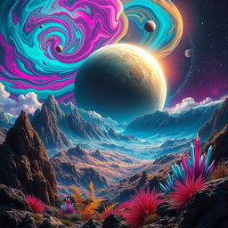 A vibrant and colorful planetary scene showcasing a distant, alien world with swirling clouds of vibrant hues such as turquoise, magenta, and gold