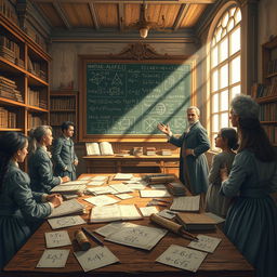 A highly detailed and atmospheric illustration depicting an 18th-century mathematics classroom