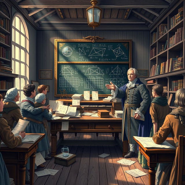 A highly detailed and atmospheric illustration depicting an 18th-century mathematics classroom