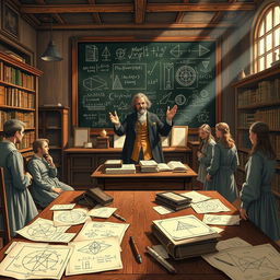 A highly detailed and atmospheric illustration depicting an 18th-century mathematics classroom