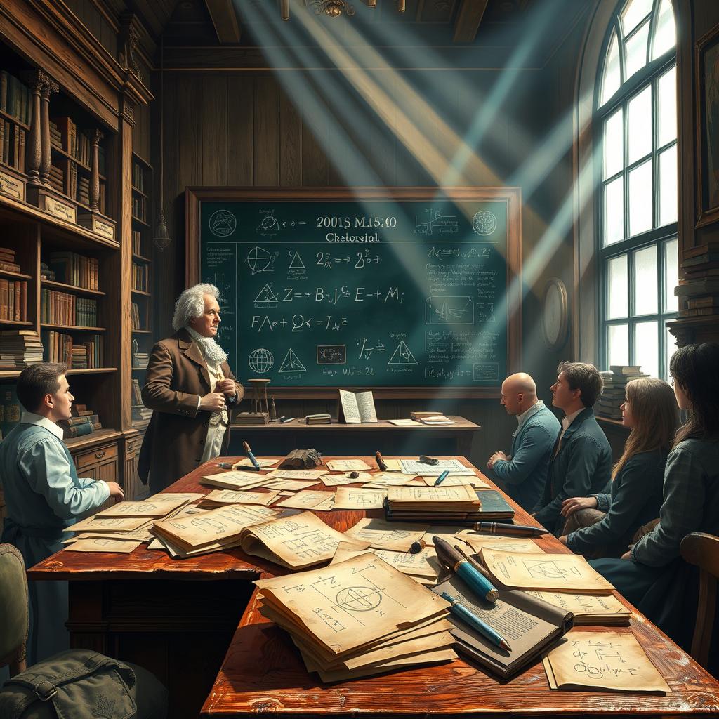 A highly detailed and atmospheric illustration depicting an 18th-century mathematics classroom