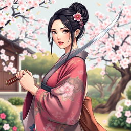 An artistic illustration of an Asian Japanese woman, gracefully posed, wearing a colorful traditional kimono adorned with intricate floral patterns