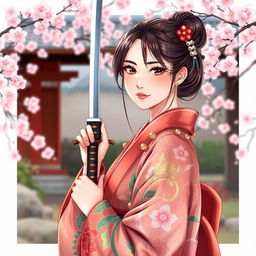 An artistic illustration of an Asian Japanese woman, gracefully posed, wearing a colorful traditional kimono adorned with intricate floral patterns