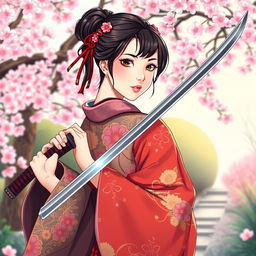 An artistic illustration of an Asian Japanese woman, gracefully posed, wearing a colorful traditional kimono adorned with intricate floral patterns