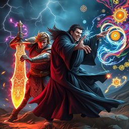 A dynamic scene depicting a magical duel between a heroic figure and a powerful sorcerer