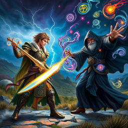 A dynamic scene depicting a magical duel between a heroic figure and a powerful sorcerer