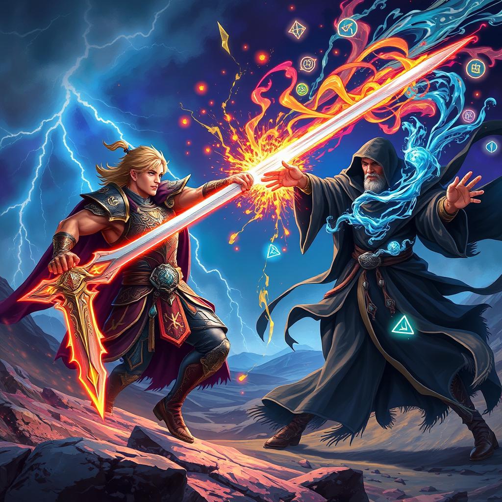 A dynamic scene depicting a magical duel between a heroic figure and a powerful sorcerer