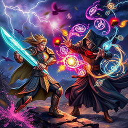 A dynamic scene depicting a magical duel between a heroic figure and a powerful sorcerer