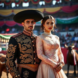 A captivating image of a traditional Iranian couple dressed as matadors, with intricate details in their outfits