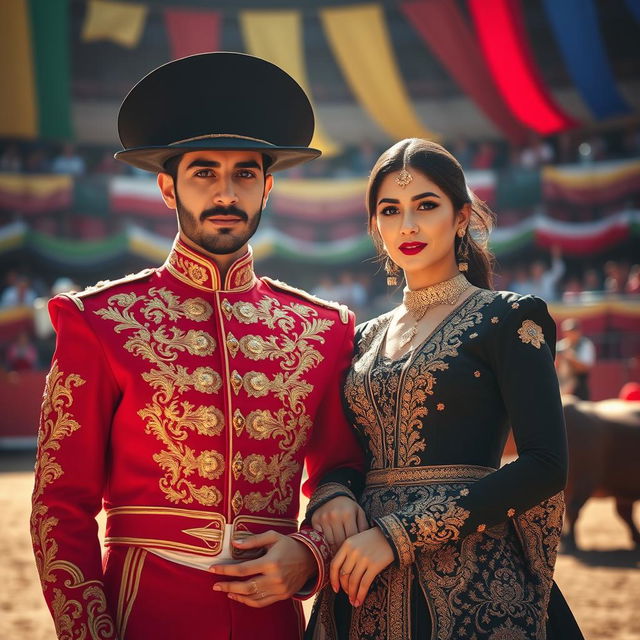 A captivating image of a traditional Iranian couple dressed as matadors, with intricate details in their outfits