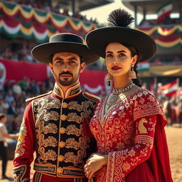 A captivating image of a traditional Iranian couple dressed as matadors, with intricate details in their outfits