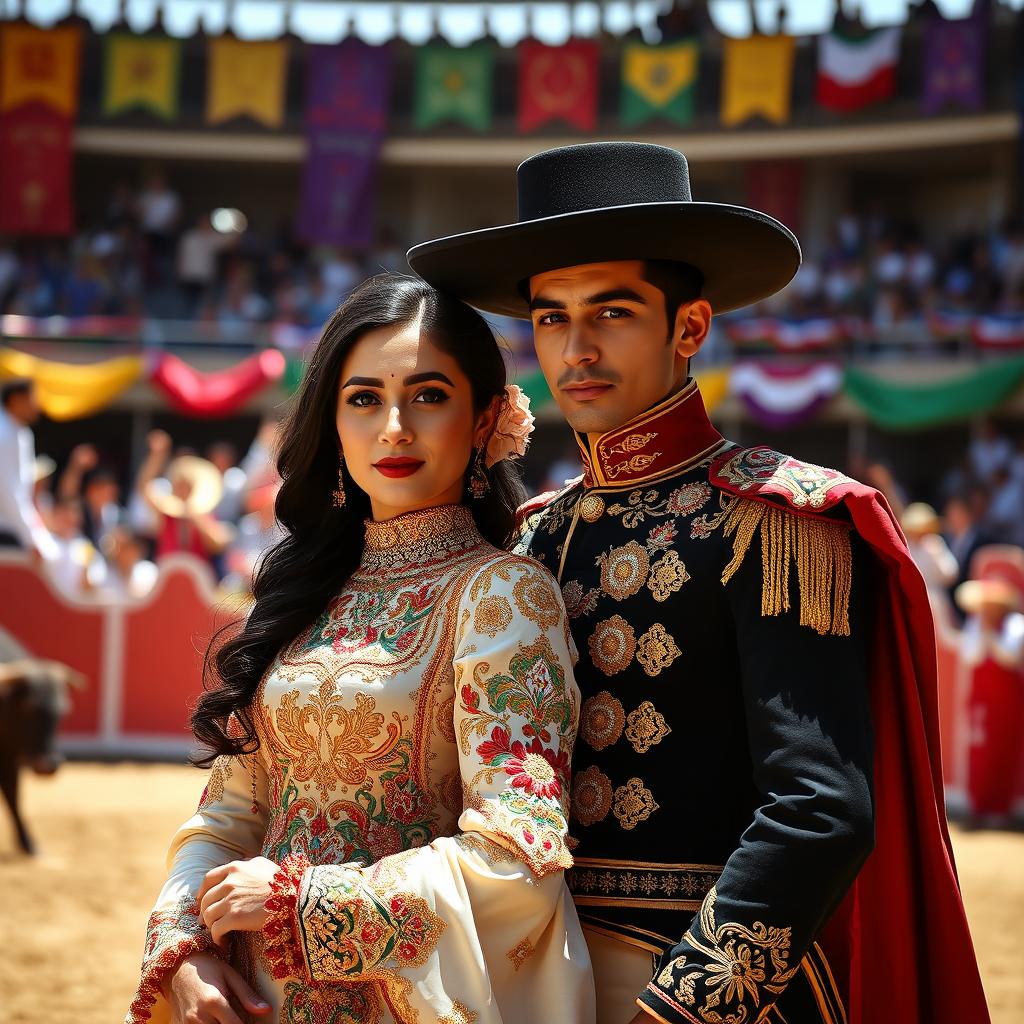 A captivating image of a traditional Iranian couple dressed as matadors, with intricate details in their outfits
