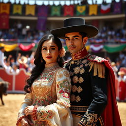 A captivating image of a traditional Iranian couple dressed as matadors, with intricate details in their outfits
