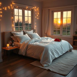 A beautifully styled bedroom setting intended for a romantic escape, featuring a large, plush bed with elegant linens, soft pillows, and delicate fairy lights casting a warm glow