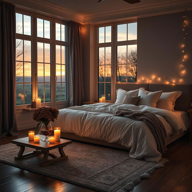 A beautifully styled bedroom setting intended for a romantic escape, featuring a large, plush bed with elegant linens, soft pillows, and delicate fairy lights casting a warm glow