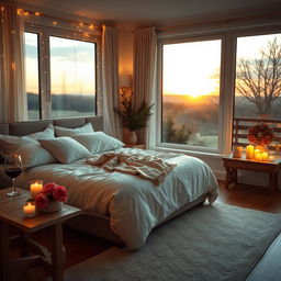 A beautifully styled bedroom setting intended for a romantic escape, featuring a large, plush bed with elegant linens, soft pillows, and delicate fairy lights casting a warm glow