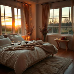 A beautifully styled bedroom setting intended for a romantic escape, featuring a large, plush bed with elegant linens, soft pillows, and delicate fairy lights casting a warm glow