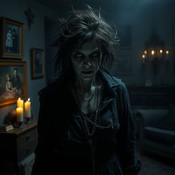 A dark, atmospheric scene featuring an imposing and sinister mother figure, embodying a haunting presence