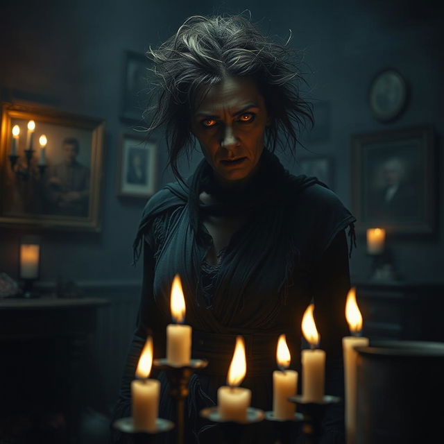 A dark, atmospheric scene featuring an imposing and sinister mother figure, embodying a haunting presence