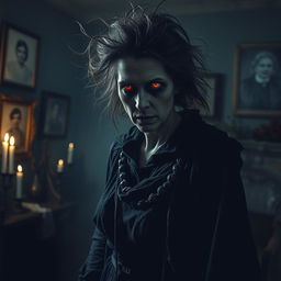 A dark, atmospheric scene featuring an imposing and sinister mother figure, embodying a haunting presence
