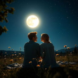 A romantic scene under a bright, full moon illuminating a serene landscape