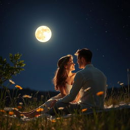 A romantic scene under a bright, full moon illuminating a serene landscape