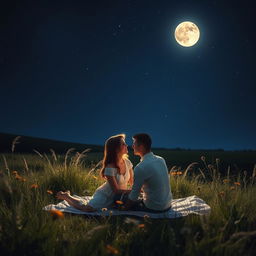 A romantic scene under a bright, full moon illuminating a serene landscape