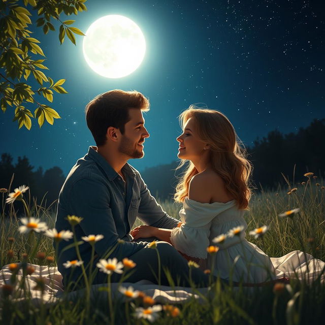 A romantic scene under a bright, full moon illuminating a serene landscape