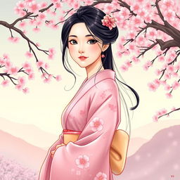 An illustration in manhwa style featuring an elegant Asian Japanese woman wearing a beautifully detailed pink kimono adorned with traditional floral patterns