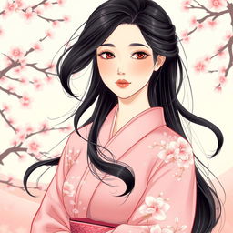 An illustration in manhwa style featuring an elegant Asian Japanese woman wearing a beautifully detailed pink kimono adorned with traditional floral patterns