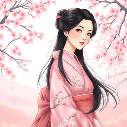 An illustration in manhwa style featuring an elegant Asian Japanese woman wearing a beautifully detailed pink kimono adorned with traditional floral patterns