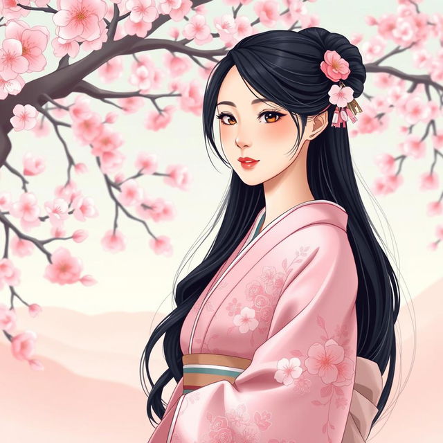 An illustration in manhwa style featuring an elegant Asian Japanese woman wearing a beautifully detailed pink kimono adorned with traditional floral patterns