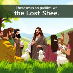 A serene biblical scene depicting Jesus Christ narrating the parable of the Lost Sheep to a diverse group of people in a lush green landscape