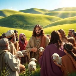 A serene biblical scene depicting Jesus Christ narrating the parable of the Lost Sheep to a diverse group of people in a lush green landscape