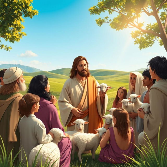 A serene biblical scene depicting Jesus Christ narrating the parable of the Lost Sheep to a diverse group of people in a lush green landscape