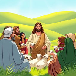 A serene biblical scene depicting Jesus Christ narrating the parable of the Lost Sheep to a diverse group of people in a lush green landscape