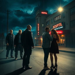 A dramatic scene depicting a group of intimidating bad guys confronting a terrified couple in an urban street, with a hospital in the background under a stormy sky