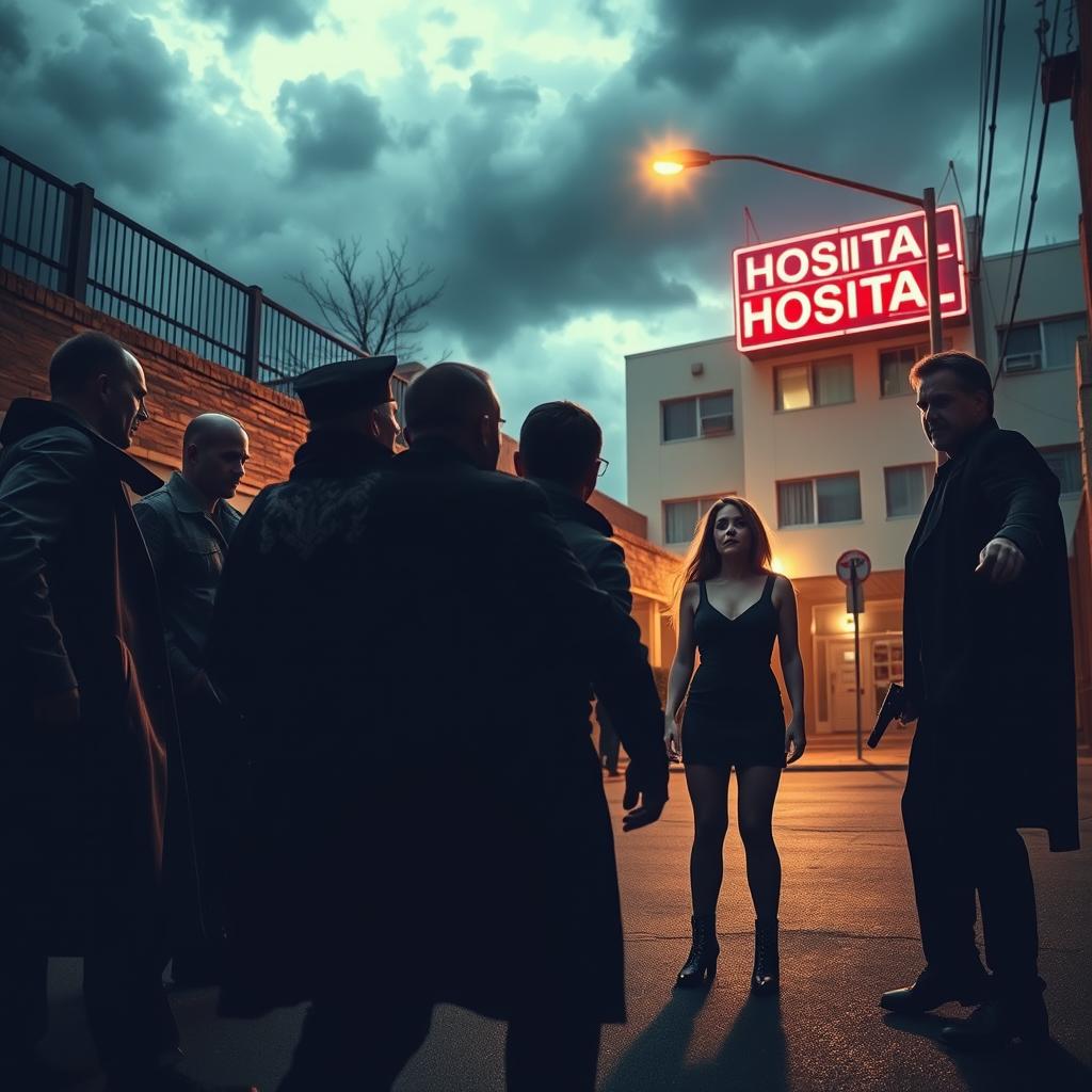 A dramatic scene depicting a group of intimidating bad guys confronting a terrified couple in an urban street, with a hospital in the background under a stormy sky